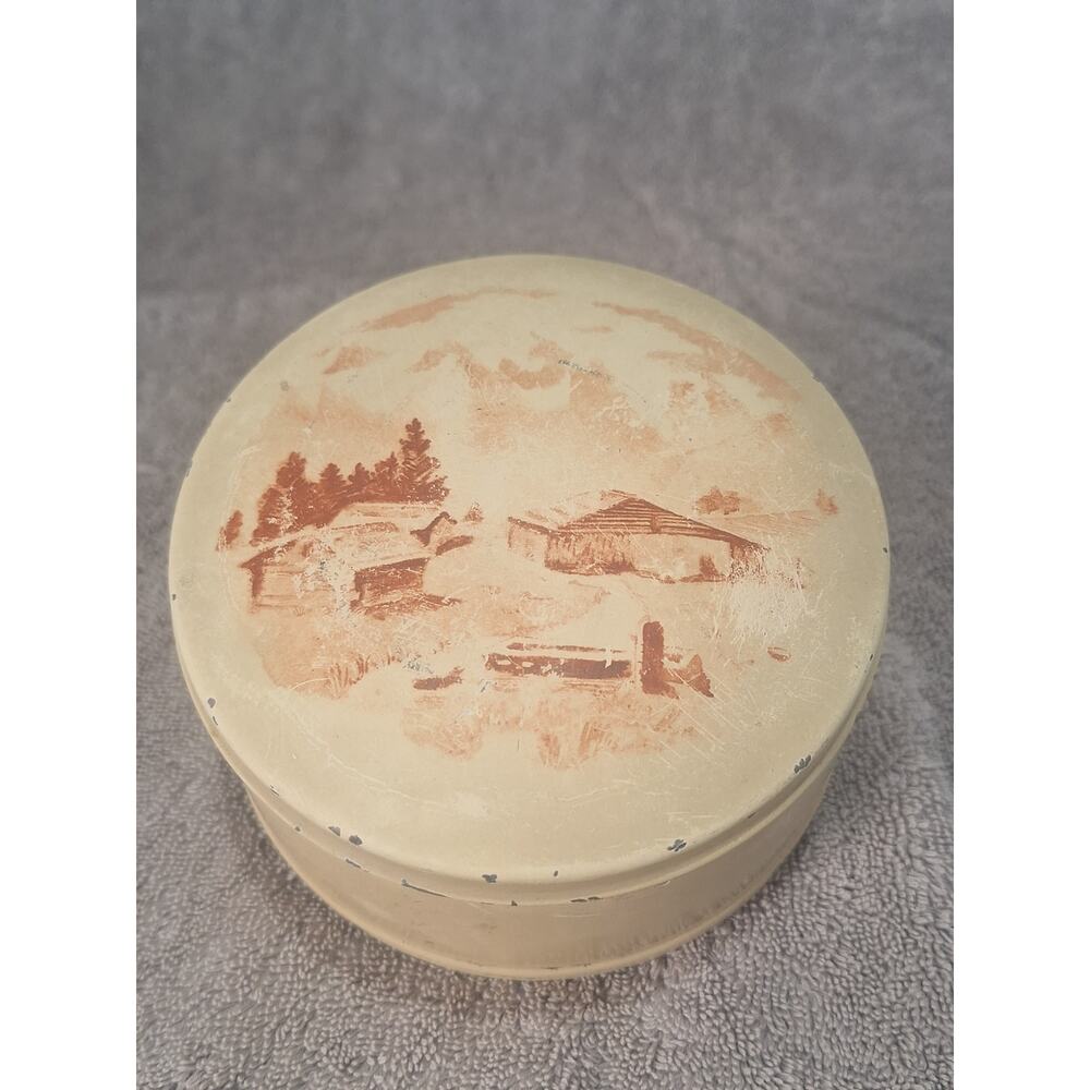 Vintage Reuge Swiss Music Box Round Tin Cottage Scene- Good Vintage Condition